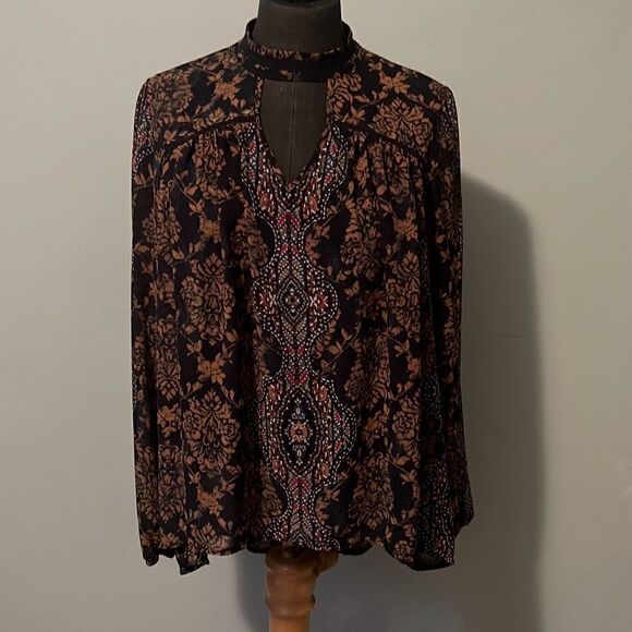 Knox Rose Women's Multicolor Damask Pattern Keyhole Long Sleeve Blouse Medium - Picture 1 of 9